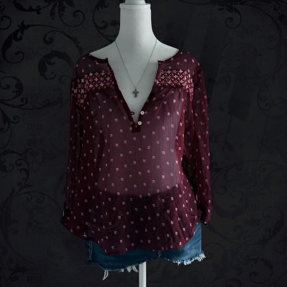 pink square dot embroidered floral sheer burgundy red blouse